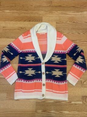 Blush Coral, Navy & Cream Southwestern Shawl Collar Cardigan